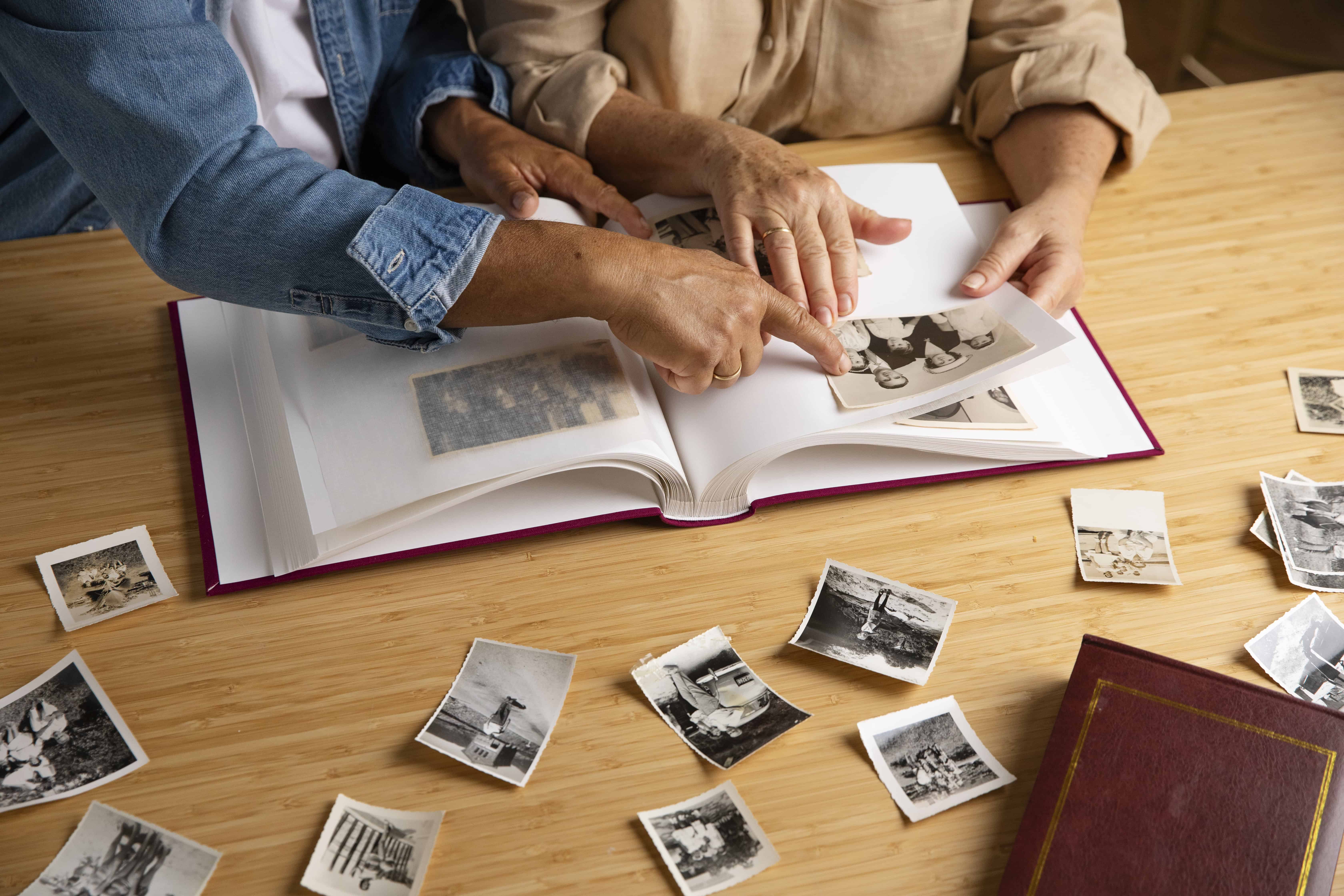 Vintage photo album with family pictures, memory preservation, and nostalgic moments.