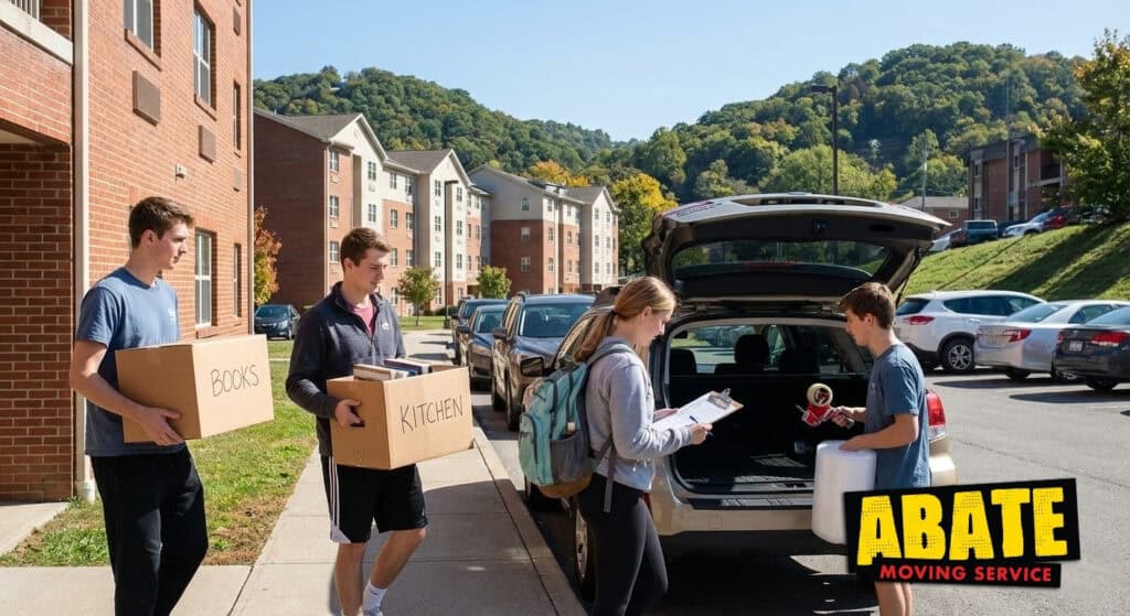 College students moving from a dorm to an off-campus apartment in Morgantown, West Virginia with boxes and a checklist
