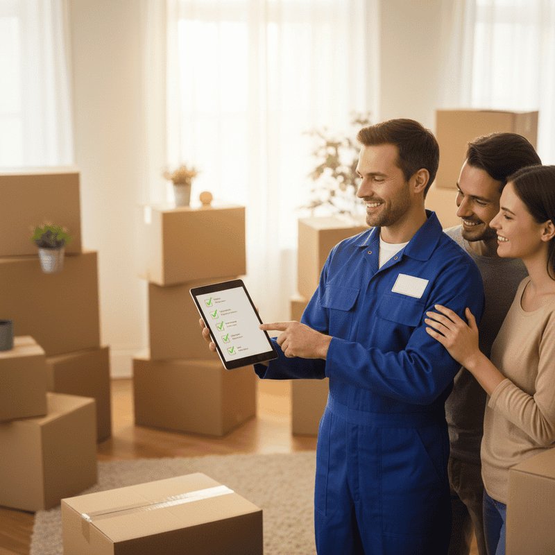 Mover explaining the moving cost to a couple