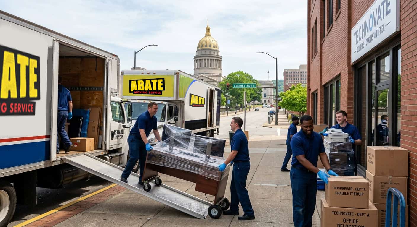 Abate Moving Service crew unloading office furniture and boxes from moving trucks outside a commercial building.