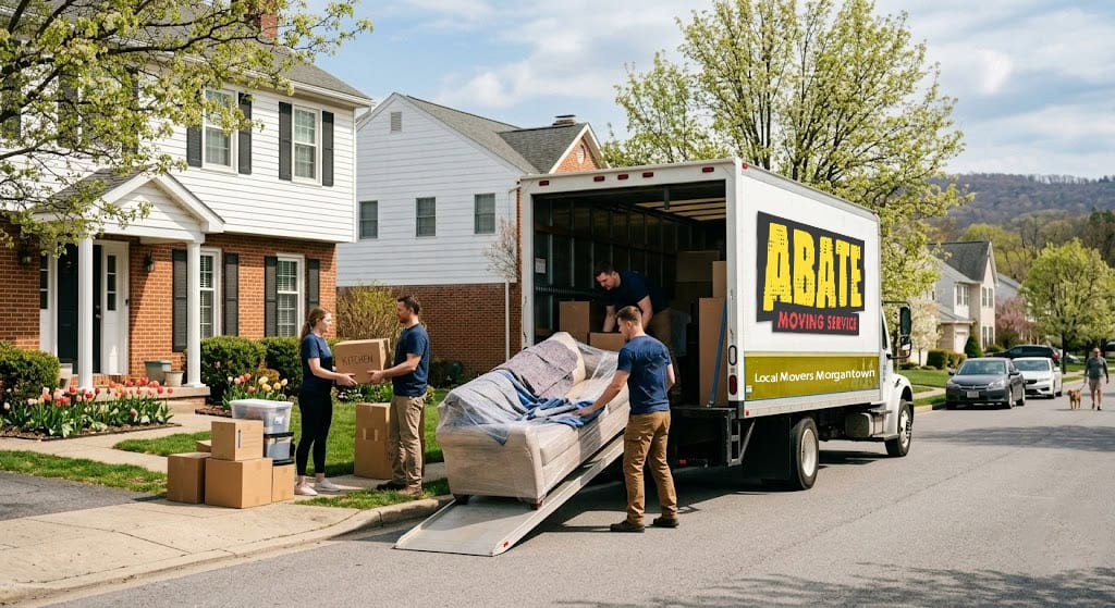Abate Moving Service truck parked outside a suburban home while movers load a wrapped couch and boxes during a local move.