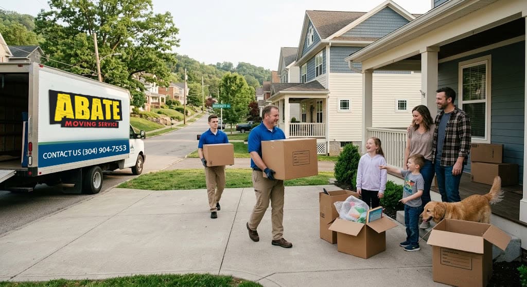 Abate Moving Service crew carrying boxes outside a family home during a residential move in Morgantown, WV.