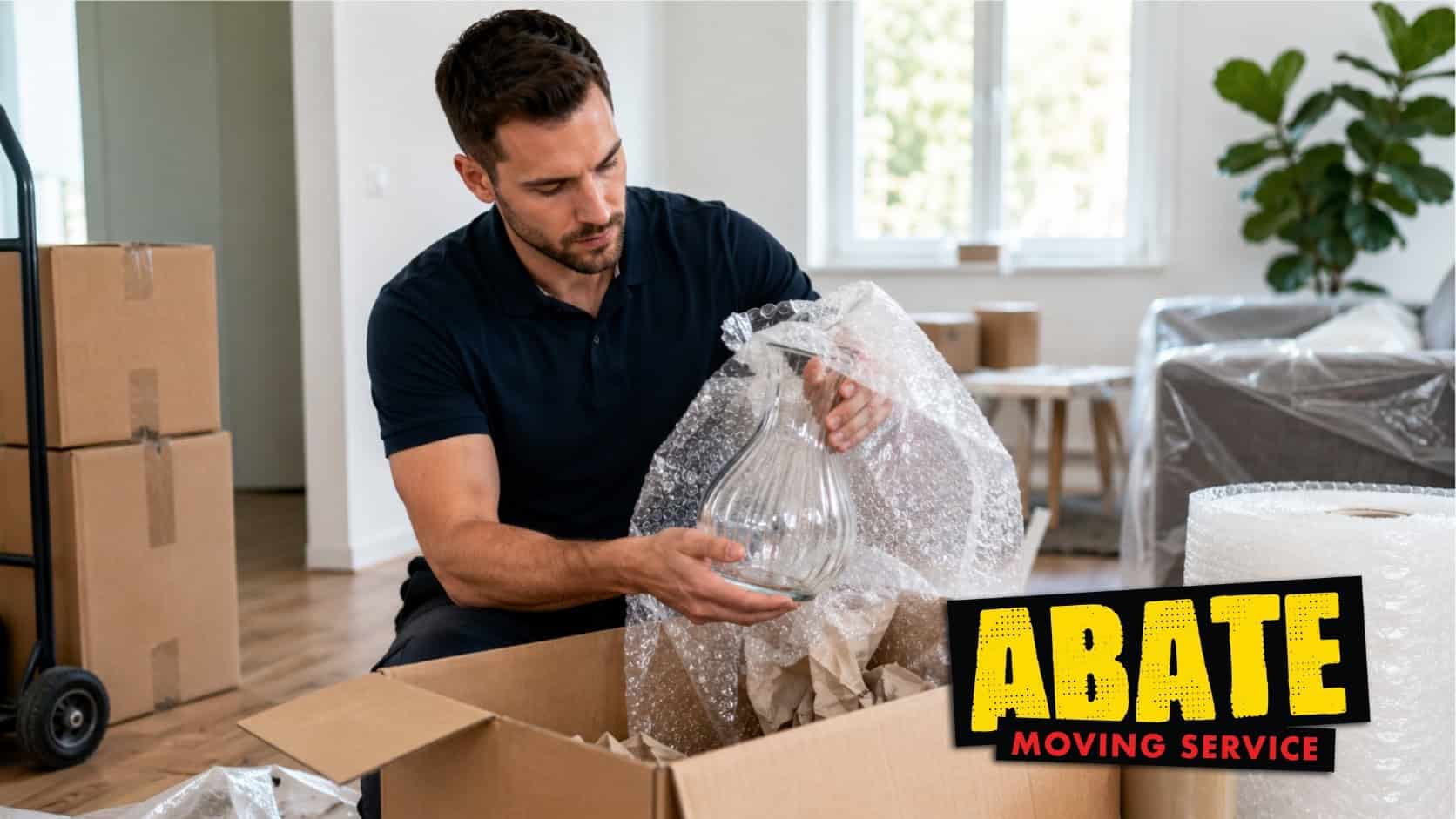 Morgantown WV mover carefully wraps a fragile glass item with bubble wrap for safe packing and transport