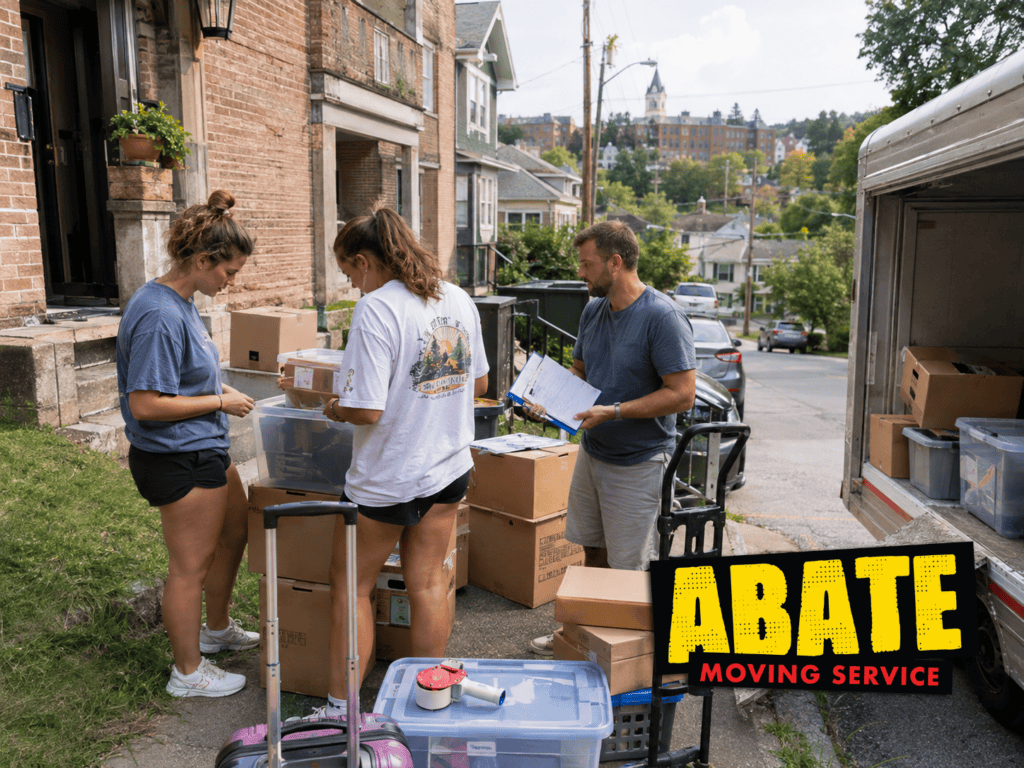 Movers organize boxes and belongings beside a moving truck during a residential move, helping keep the loading process efficient and organized.