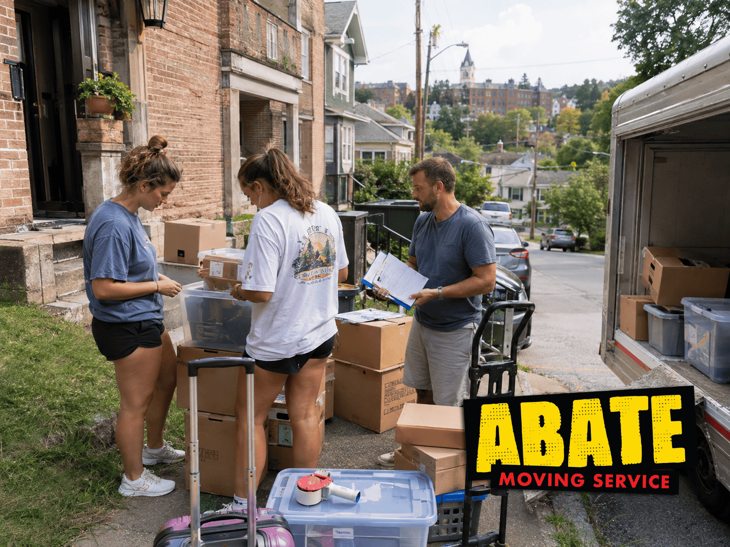 Movers organize boxes and belongings beside a moving truck during a residential move, helping keep the loading process efficient and organized.