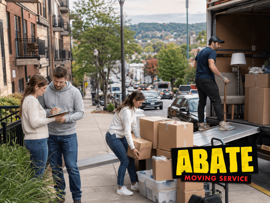 Couple reviewing a fall moving checklist while an Abate mover loads boxes and furniture onto a truck in Morgantown, WV