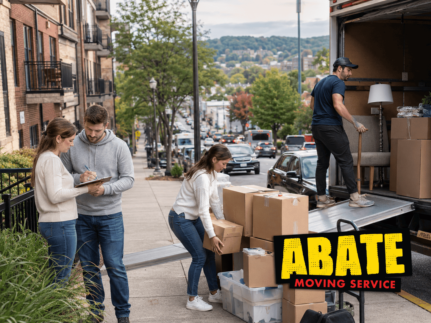 Couple reviewing a fall moving checklist while an Abate mover loads boxes and furniture onto a truck in Morgantown, WV