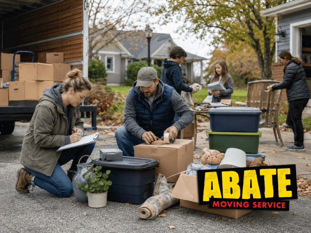 A family organizes boxes and household items during a fall move, keeping packing and moving day tasks coordinated and manageable.